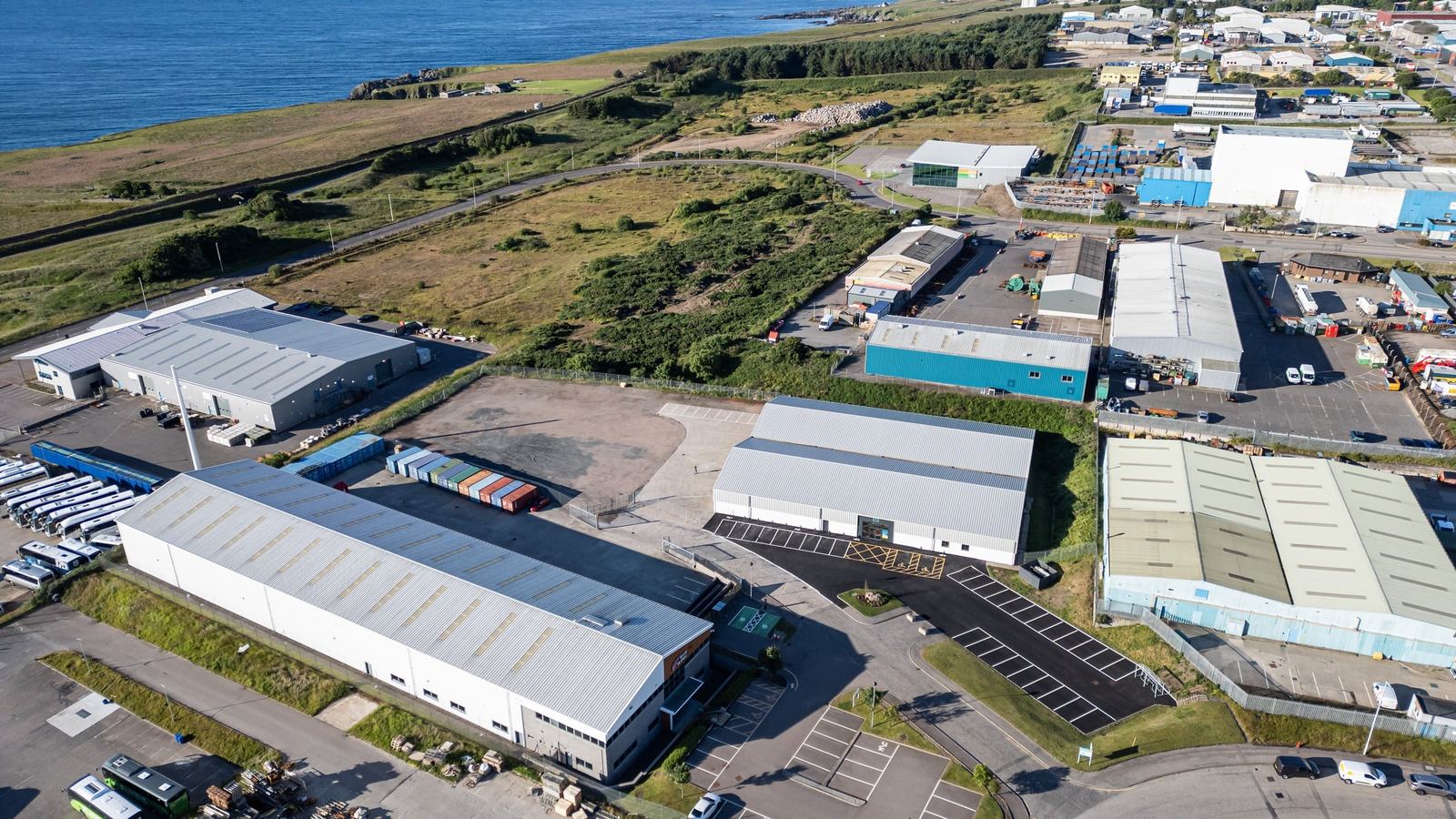 Aerial view of the Altens industrial estate with the North Sea beyond